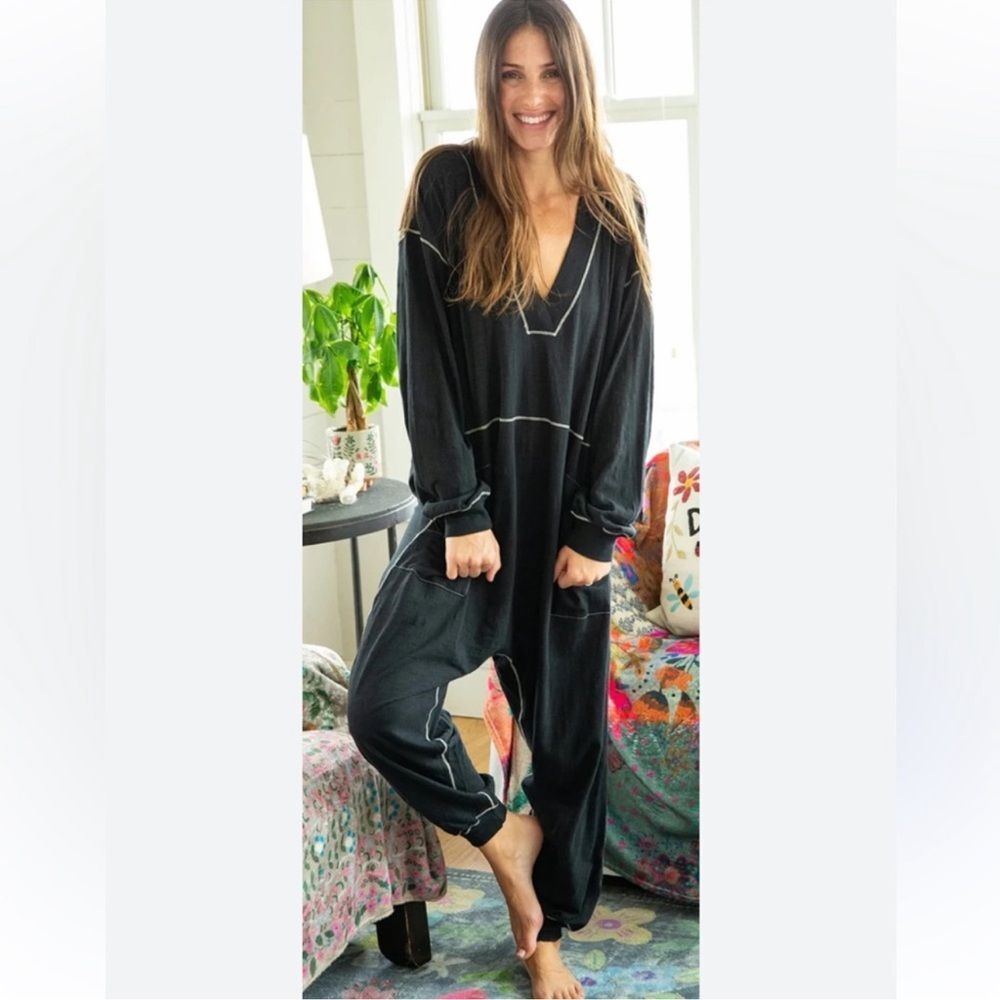 Natural Life Jumpsuit Womens size L slouchy Black oversized Drop Waist Lagenlook